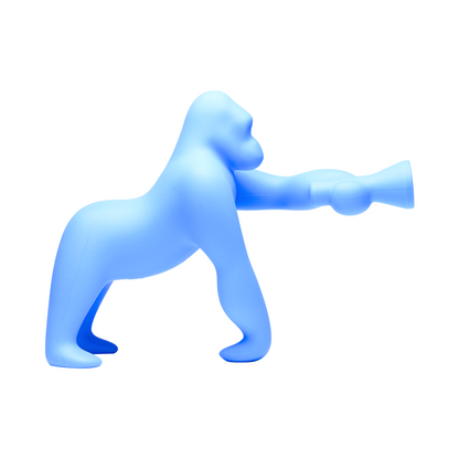 Hellblaue Tischlampe in Form eines Gorillas mit LED-Strahler