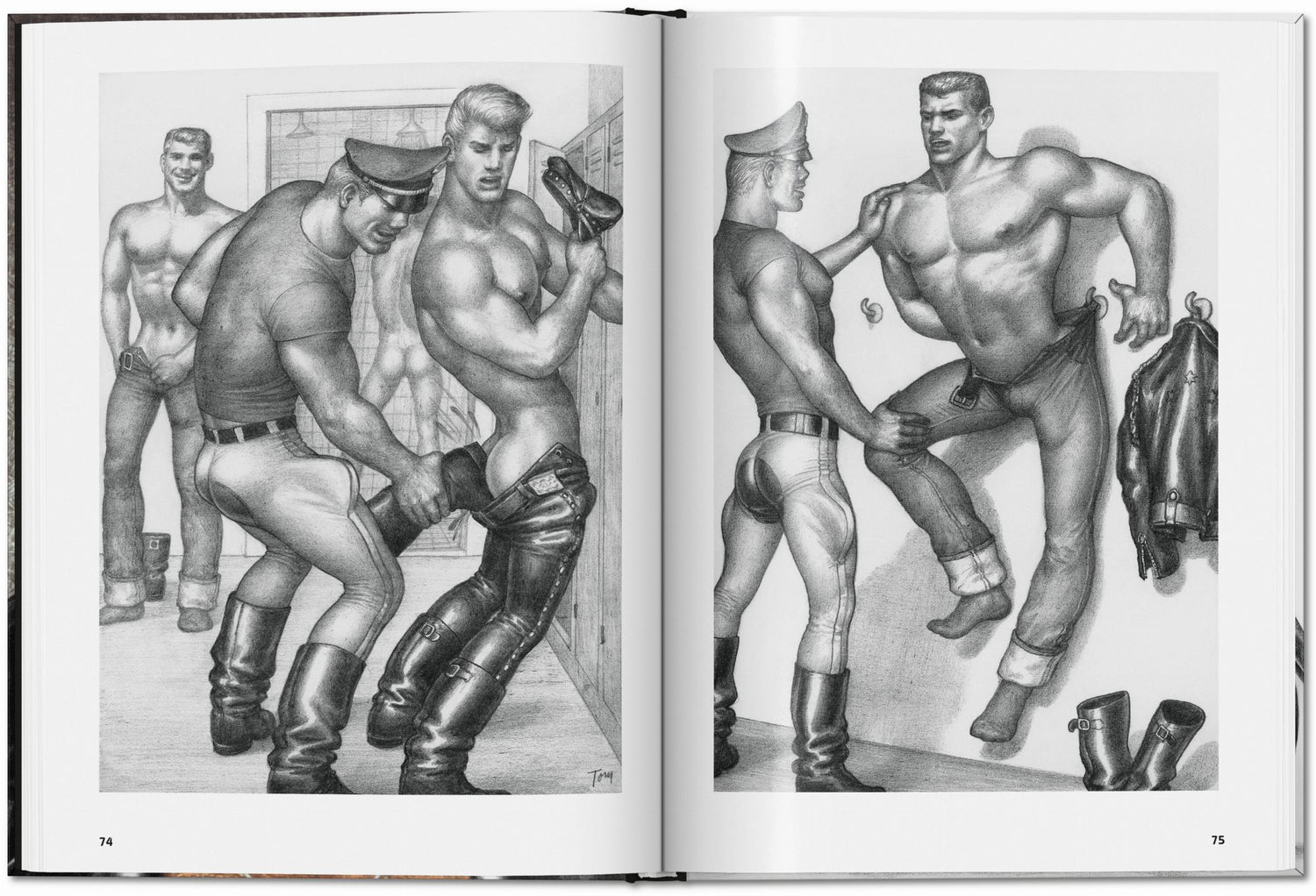 Klassische Leder Outlaw Szene mit Motorrädern in der Kunst von Tom of Finland