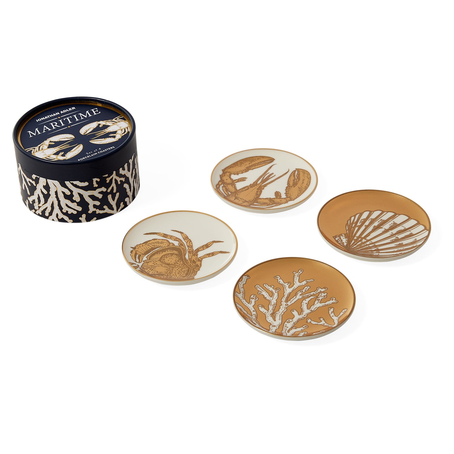 Porzellanuntersetzer mit goldfarbenen Illustrationen von Krabbe, Koralle und Hummer