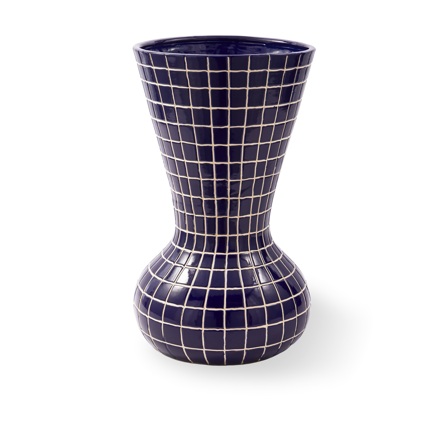 Große HAMAM VASE in Dunkelblau mit handbemaltem Karomuster.