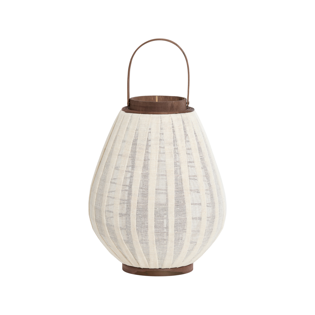 Kompaktes Windlicht aus Leinen und Holz in Natur mit dunklem Griff